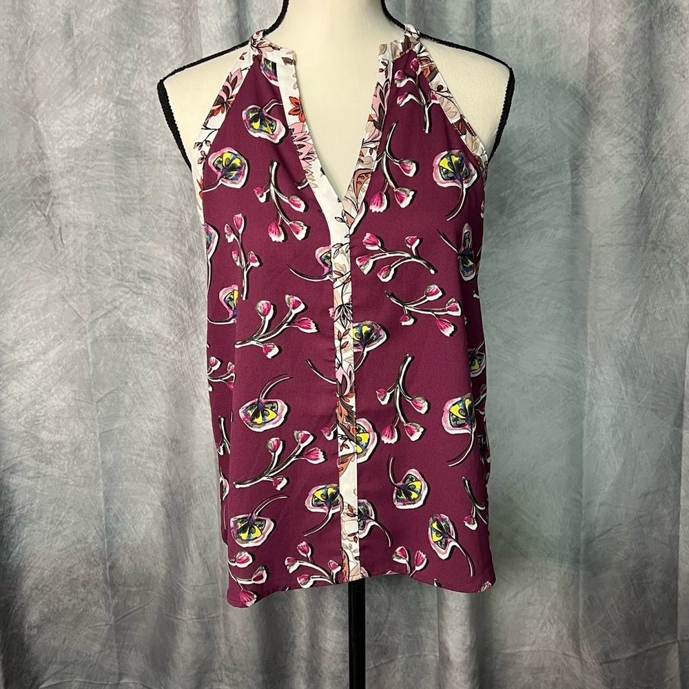 C & E Purple Floral V-Neck Racerback Top with Sheer Back - size Small